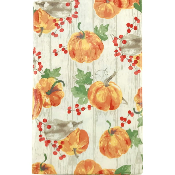 Fall Harvest Typography Pumpkin PEVA Tablecloth 52 x 90 Oblong Autumn Leaf Decor